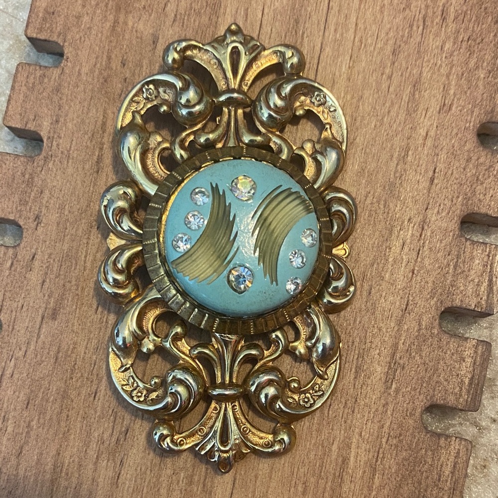 Vintage Gold and Blue Brooch with Rhinestones